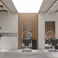 Modern Hair Salon Interior With Stylish Chairs Mirrors Green Plant And Wooden Decor Lighting