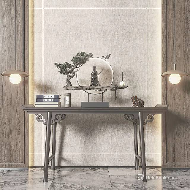 Traditional Console Table With Pine Tree Statue Hanging Lamps And Wood Grain Design 3d model 