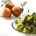 Fresh Oranges Green Pears and Lemons in Glass Bowls with Scattered Fruits and Leaves