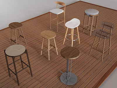 Various Style Bar Stools With Wooden Metal And Upholstered Seats On Wooden Floor 3d model