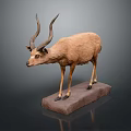 Antelope Taxidermy Mount Standing With Long Horns On Stone Base Gray Background