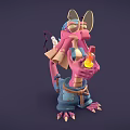 Cute Pink Dragon Character Wearing Blue Hat Holding Glowing Bottle With Scroll