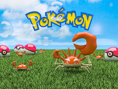 Pokémon Scene With Krabby Characters And Poké Balls On Green Grass With Bubbles 3d model