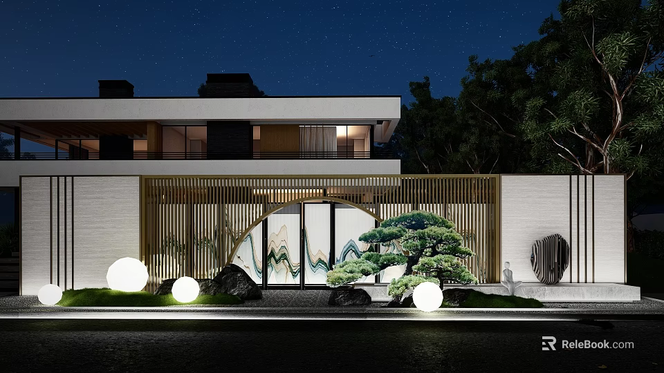 Modern Villa Entrance Garden Wall With Circular Archway Landscape Painting And Pine Tree 3d model 