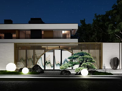 Modern Villa Entrance Garden Wall With Circular Archway Landscape Painting And Pine Tree 3d model