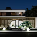 Modern Villa Entrance Garden Wall With Circular Archway Landscape Painting And Pine Tree