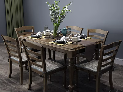 Wooden Dining Table Set with Matching Chairs Vase Flowers Tea Set and Tableware 3d model