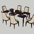 Dark Wood Dining Table Set With Six Light Upholstered Chairs Tableware And White Bottle 3d model