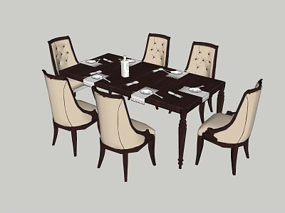 Dark Wood Dining Table Set With Six Light Upholstered Chairs Tableware And White Bottle 3d model
