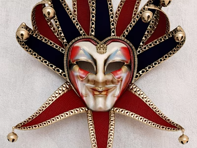 Heart Shaped Mask Wall Decor With Red Blue Gold Bells And Star Design 3d model