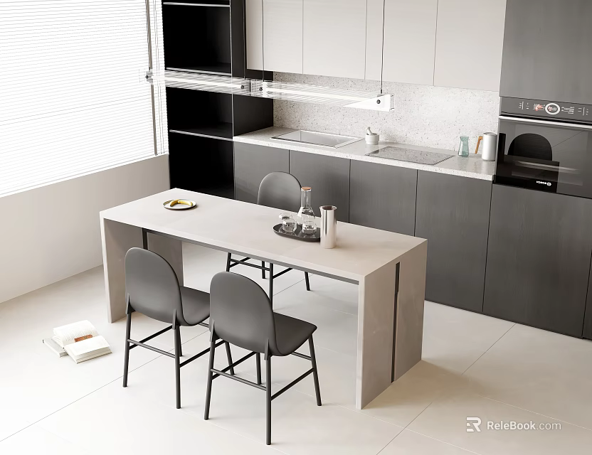 Modern Open Concept Kitchen Dining Table Set With Light Colored Top And Gray Chairs 3d model