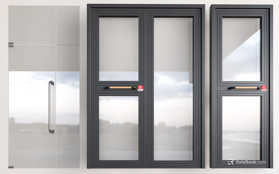 Modern Double Doors Design With Glass Panels Black Frames And Metal Handles 3d model 