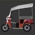 Vibrant Red White Three Wheeled Tuk Tuk With Canopy Roof Blue Seats And Decorative Panels
