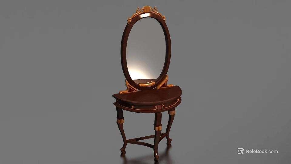 Classic Dark Wood Dressing Table With Oval Mirror And Gold Accents 3d model 