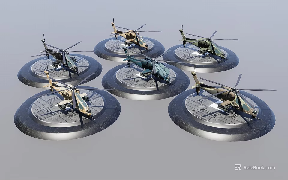 Weapon Detailed Military Helicopter Models Displayed On Multiple Circular Bases 3d model