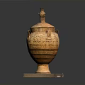 Ancient Clay Jar Sculpture With Intricate Carved Patterns And Decorative Base