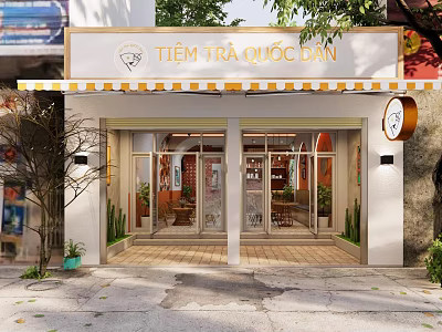Café Storefront with Orange White Striped Awning Glass Doors and Potted Plants 3d model