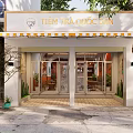 Café Storefront with Orange White Striped Awning Glass Doors and Potted Plants