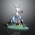 Mythical White Animal With Purple Antlers Blue Robe On Green Base Holding Staff