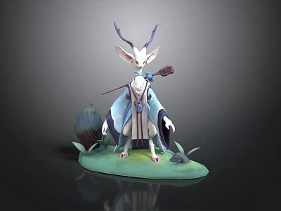 Mythical White Animal With Purple Antlers Blue Robe On Green Base Holding Staff 3d model
