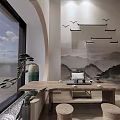 Traditional Chinese Interior With Wooden Elements Mountain Water Mural Bird Decorations And Tea Table
