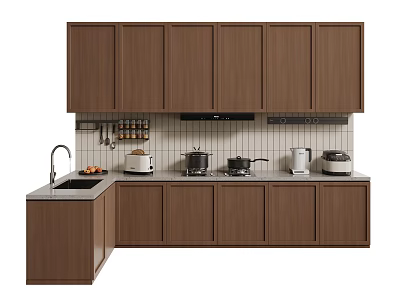 Modern L Shaped Kitchen Interior With Brown Cabinets And Appliances 3d model