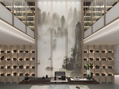 Traditional Tea Room Interior with Mountain Landscape Screen Multi tiered Wooden Shelves Holding Tea Wares 3d model