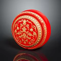 Display Shelf Showcasing Red Circular Ornament With Gold Patterns On Black Surface 3d model