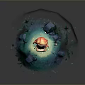 Red Haired Girl Standing On Green Island With Plants Mushrooms Glowing Stars And Dark Smoke