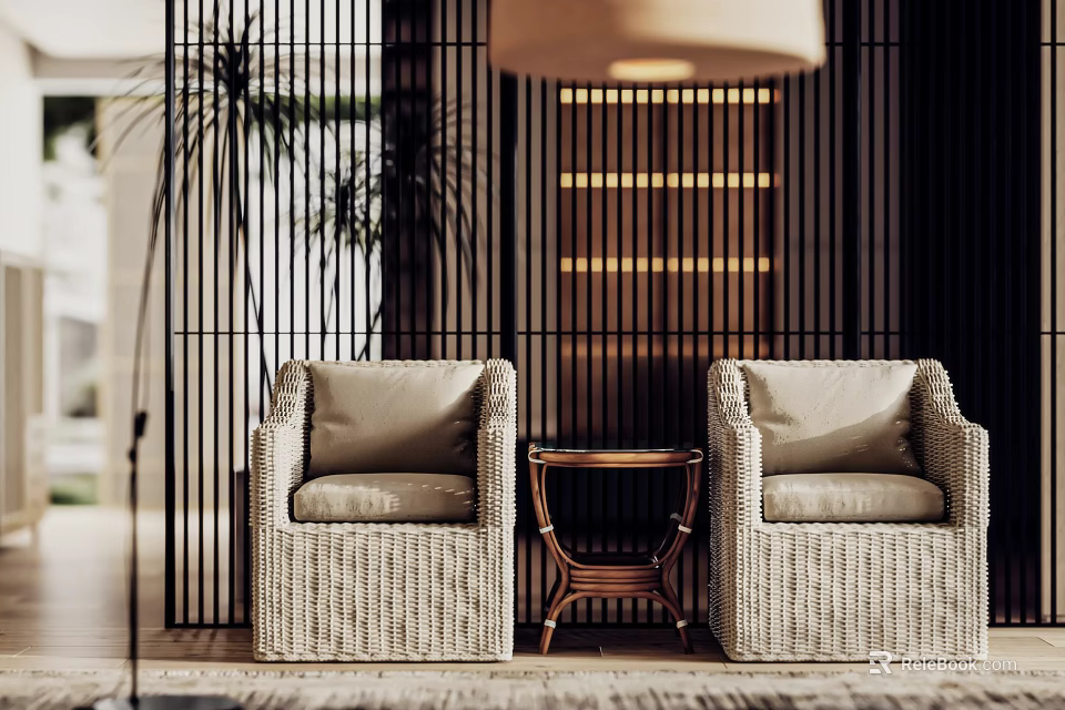 Light Beige Rattan Casual Sofa Set with Wooden Side Table and Green Plants 3d model 