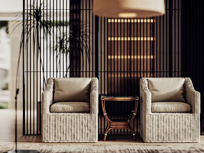 Light Beige Rattan Casual Sofa Set with Wooden Side Table and Green Plants 3d model