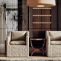 Light Beige Rattan Casual Sofa Set with Wooden Side Table and Green Plants