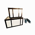 Vintage Wooden Storage Boxes With Metal Clasps And Blue Shoes