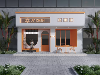 JY CHEN ABC Storefront Design With Orange Accents Plants And Outdoor Seating 3d model