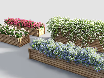 Wooden Planters With Colorful Flowers Including Pink White Blue Blooms And Trailing Greenery 3d model