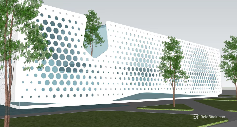 Modern Commercial Complex With Perforated White Facade Trees Lawn And Pathway 3d model 