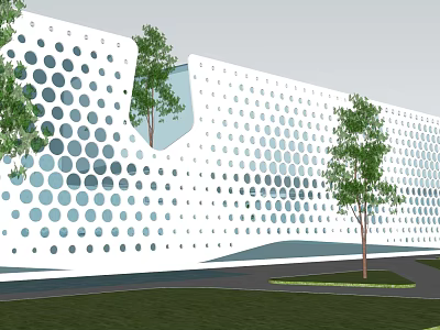 Modern Commercial Complex With Perforated White Facade Trees Lawn And Pathway 3d model