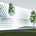 Modern Commercial Complex With Perforated White Facade Trees Lawn And Pathway
