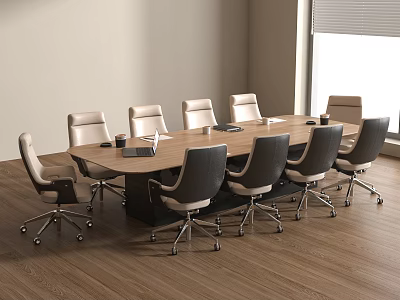 Modern Wooden Conference Table With Ergonomic Office Chairs In Bright Meeting Room 3d model