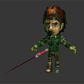 Cartoon Man In Dark Decorated Outfit With Reddish Brown Hair Holding Stick On Reflective Background