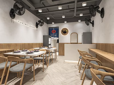Mall Restaurant Shop Interior With Wooden Tables Gray Cushions Wall Fans And White Walls 3d model