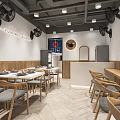 Mall Restaurant Shop Interior With Wooden Tables Gray Cushions Wall Fans And White Walls