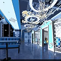 Modern Restaurant Interior With Elegant Chandeliers Blue Booth Seats And Decorative Wooden Partitions