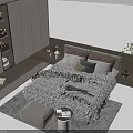 Modern Double Bed with Shaggy Blanket Gray Dark Pillows Nightstand Ottoman Rug and Potted Plant