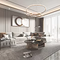 Modern Elegant Living Room Interior With Gray Sectional Sofa Round Chandelier And Coffee Table