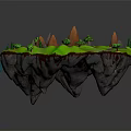 Cartoon Floating Island Scene With Green Grass Blue River Waterfall Brown Mountains And Winding Path