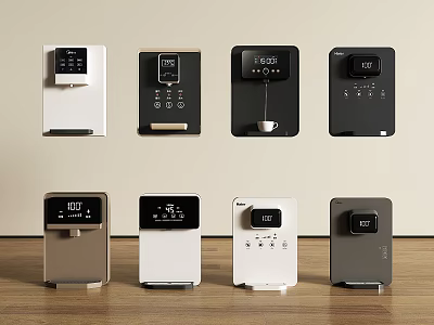 Modern Household Electrical Appliances With Digital Display And Various Colors On Wooden Surface 3d model