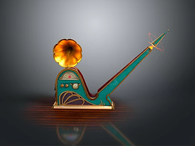 Vintage Phonograph With Golden Horn Teal Body And Decorative Details 3d model
