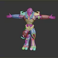 Game Movie Character Robot with Metallic Armor Mechanical Structure Standing Pose on Reflective Surface