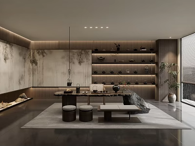 Traditional Teahouse Interior Design With Wooden Shelves Tea Sets And Murals 3d model